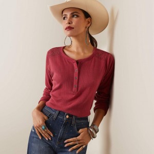 Ariat Pointelle Henley Top Czerwone Polska | RHKZJB-386 Ariat Pointelle Henley Top Czerwone Polska | RHKZJB-386