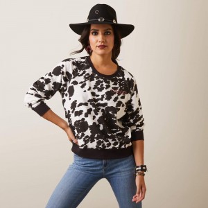 Ariat Real Hide Crew Sweatshirt Holstein Cow Print Polska | OSJCTU-159 Ariat Real Hide Crew Sweatshirt Holstein Cow Print Polska | OSJCTU-159