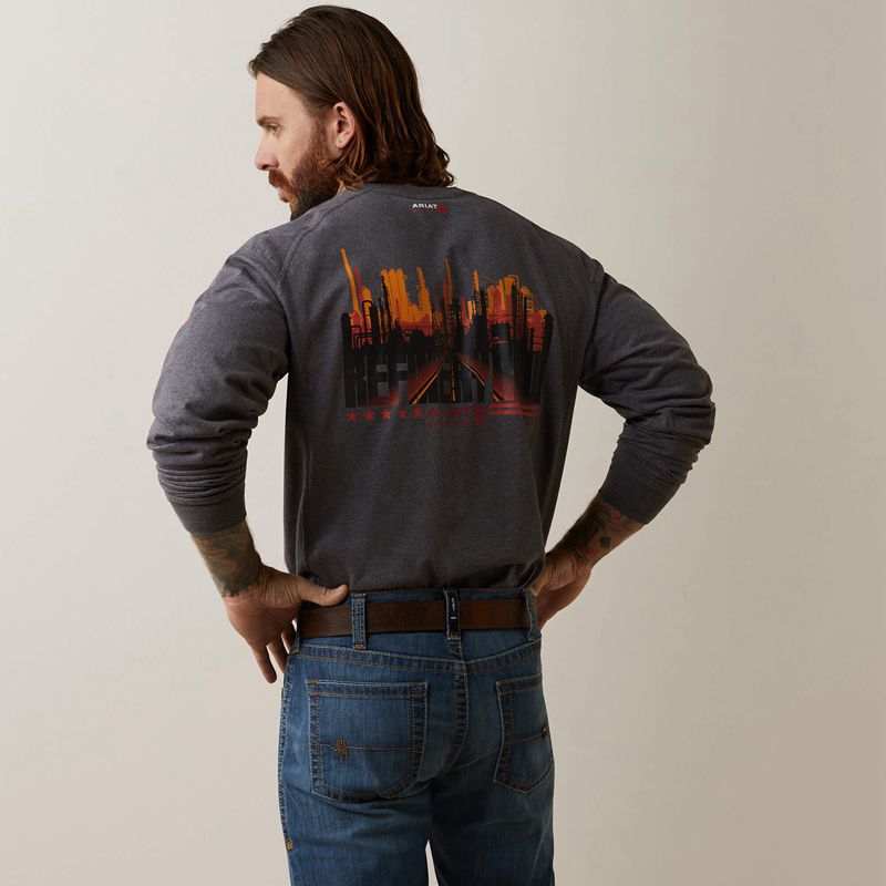 Ariat Fr Air Refinery Row Graphic Henley Top Charcoal Heather Polska | PGWRBL-130 - Kliknij obrazek, aby zamknąć